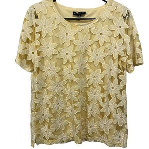 N Touch Hippie Fairy Boho Pastel Yellow Floral Print Mesh Short Sleeve Lined Top